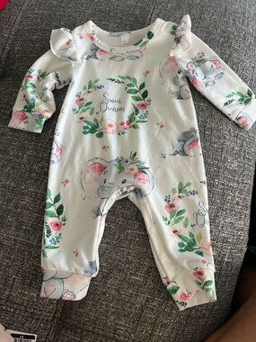 Sweet Dreams Floral Elephant Baby One-Piece - White with Pink & Green